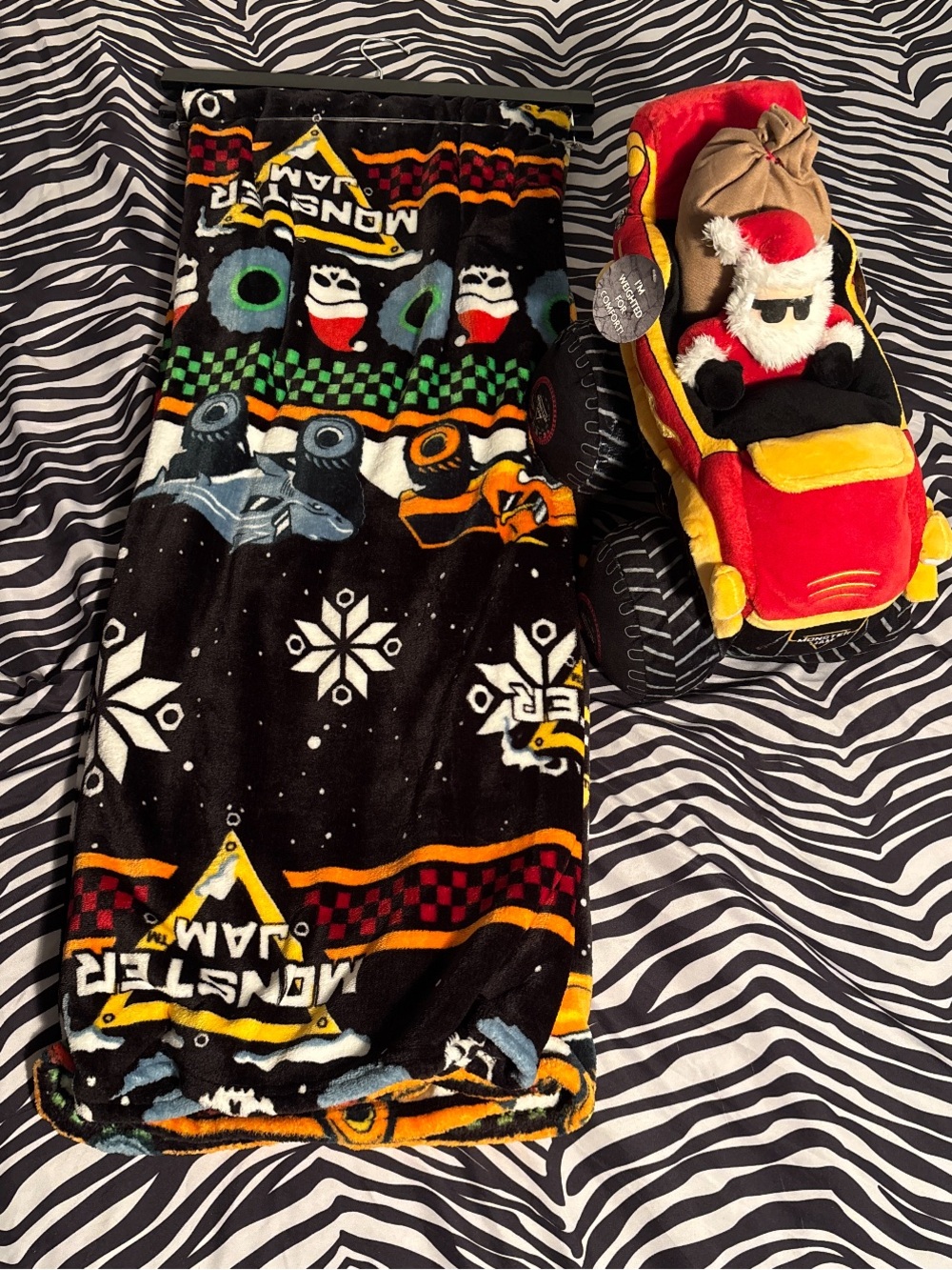 NWT Monster Jam Christmas Set: Black Plush Throw Blanket & Weighted Santa Truck